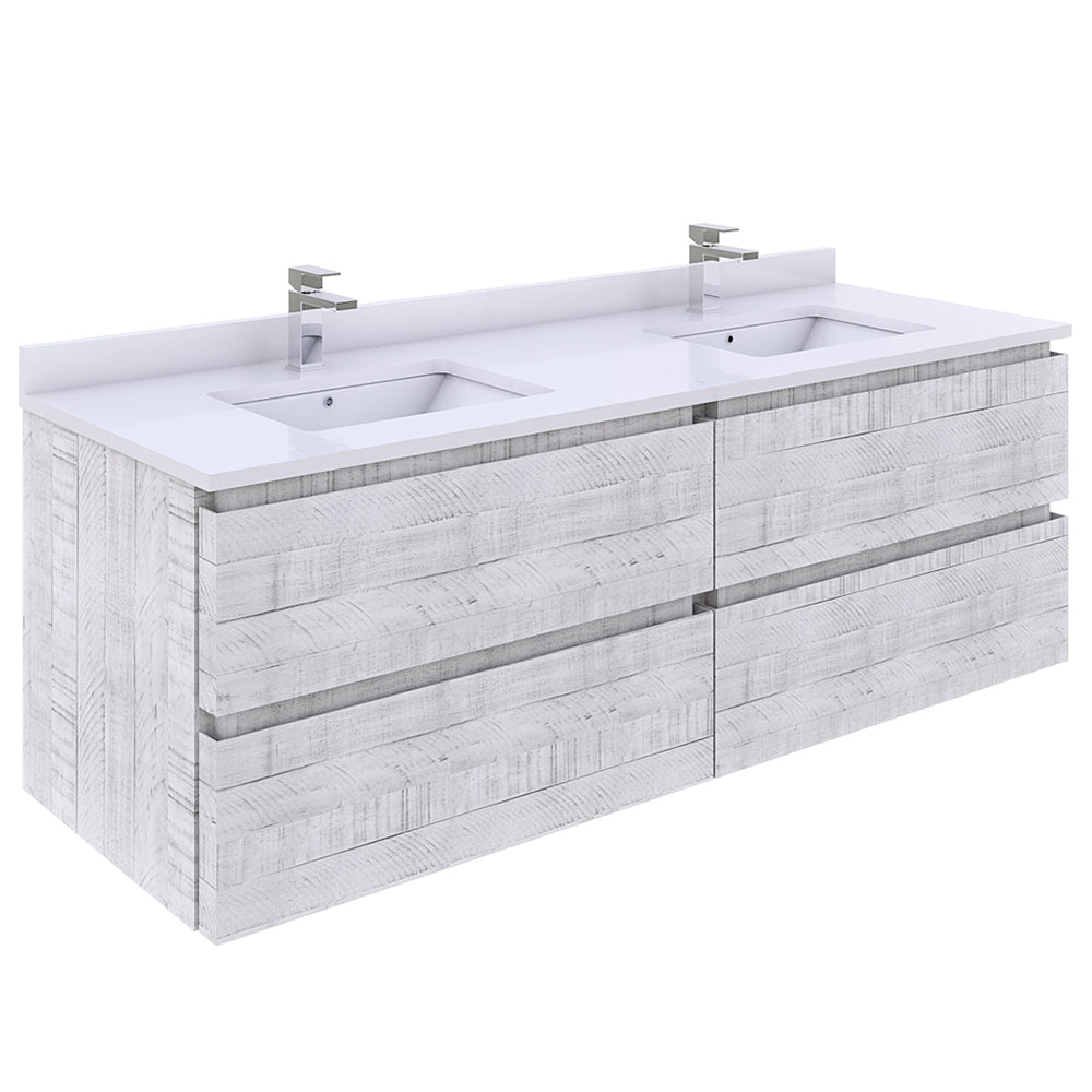 Fresca Formosa 60" Wall Hung Double Sink Modern Bathroom Cabinet w/ Top & Sinks in Rustic White - Luxe Bathroom Vanities