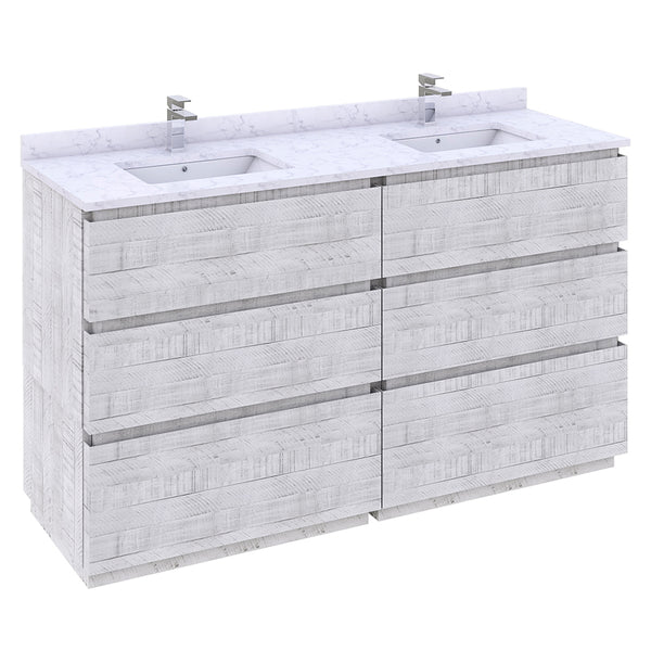 Fresca Formosa 60" Floor Standing Double Sink Modern Bathroom Cabinet w/ Top & Sinks in Rustic White - Luxe Bathroom Vanities