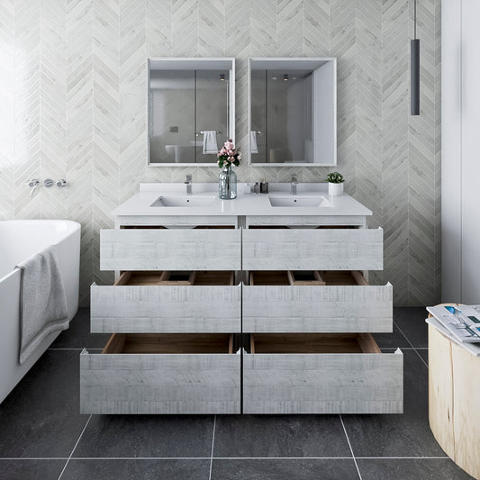 Fresca Formosa 60" Floor Standing Double Sink Modern Bathroom Cabinet w/ Top & Sinks in Rustic White - Luxe Bathroom Vanities