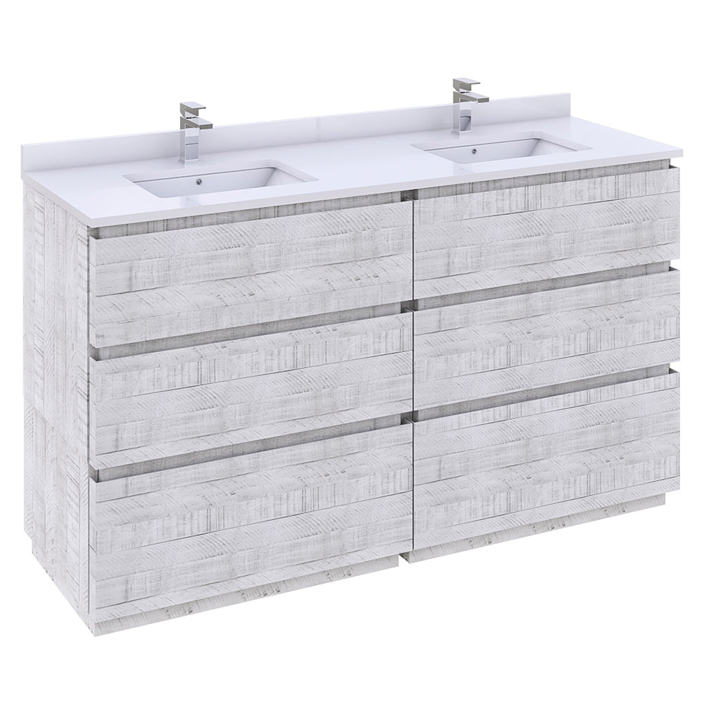 Fresca Formosa 60" Floor Standing Double Sink Modern Bathroom Cabinet w/ Top & Sinks in Rustic White - Luxe Bathroom Vanities