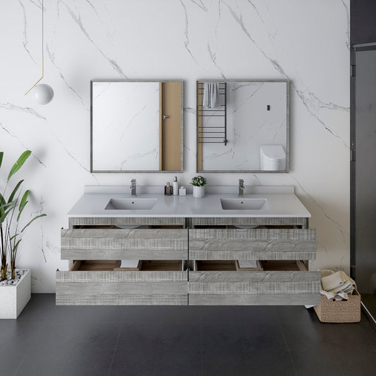 Fresca Formosa 72" Wall Hung Double Sink Modern Bathroom Cabinet w/ Top & Sinks in Ash - Luxe Bathroom Vanities