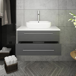 Fresca Lucera 30" Wall Hung Modern Bathroom Cabinet w/ Top & Vessel Sink - Luxe Bathroom Vanities