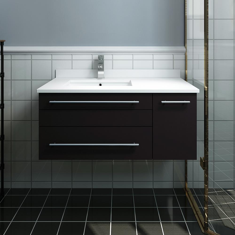 Fresca Lucera 36" Wall Hung Modern Bathroom Cabinet w/ Top & Undermount Sink - Right Version - Luxe Bathroom Vanities