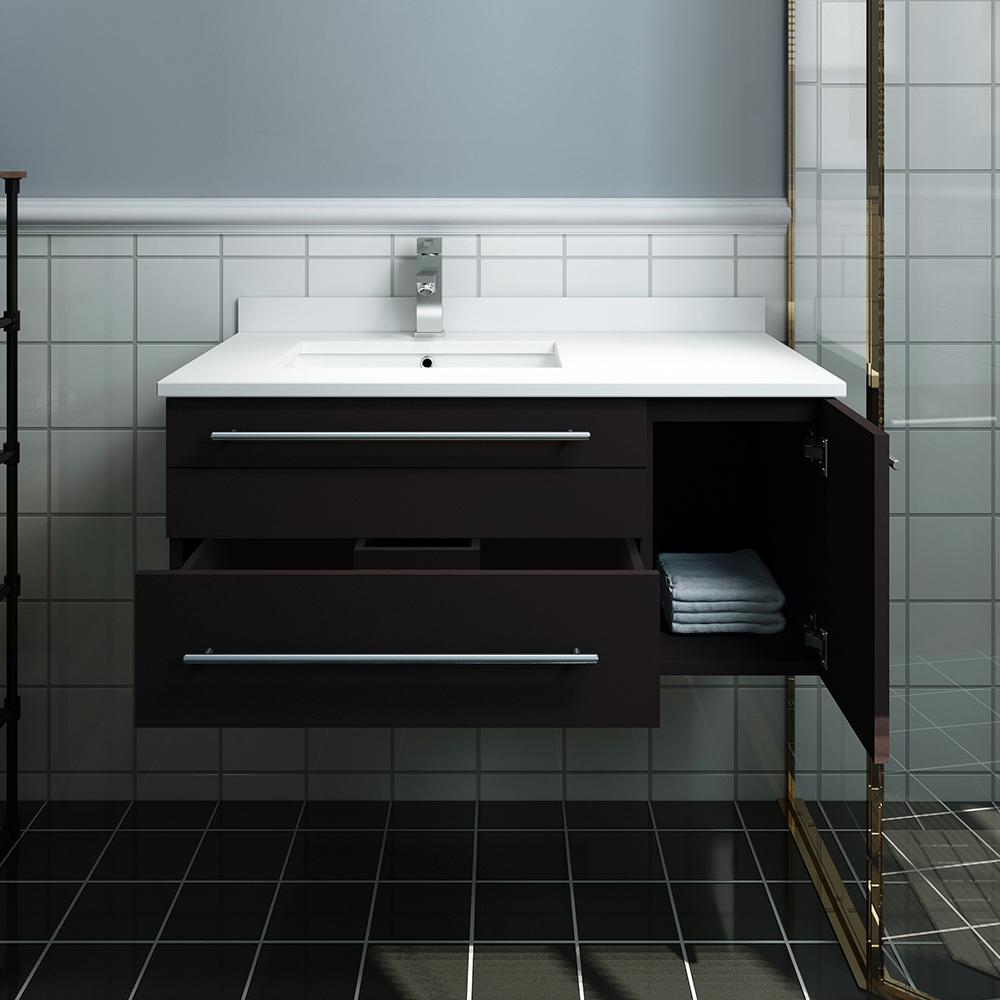 Fresca Lucera 36" Wall Hung Modern Bathroom Cabinet w/ Top & Undermount Sink - Right Version - Luxe Bathroom Vanities