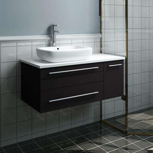 Fresca Lucera 36" Wall Hung Modern Bathroom Cabinet w/ Top & Vessel Sink - Right Version - Luxe Bathroom Vanities
