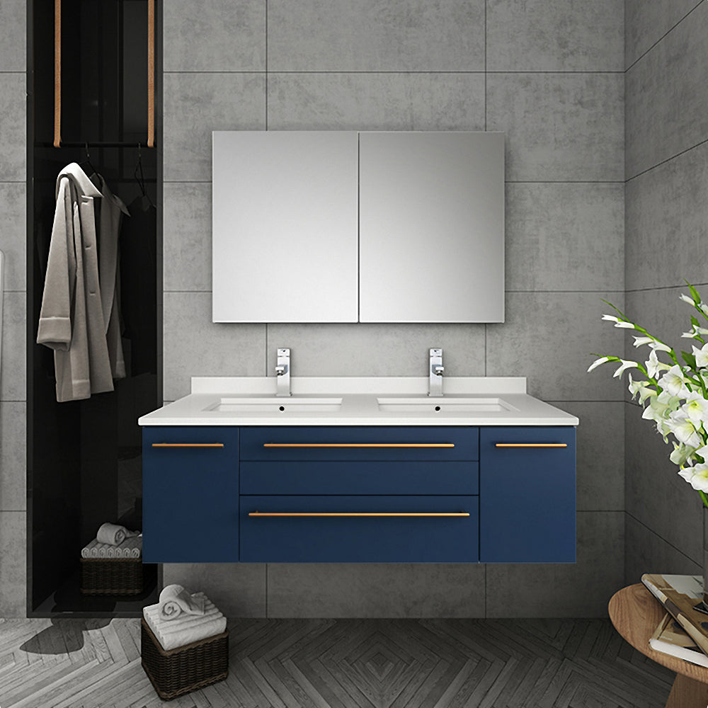 Fresca Lucera 48" Wall Hung Modern Bathroom Cabinet w/ Top & Double Undermount Sinks - Luxe Bathroom Vanities
