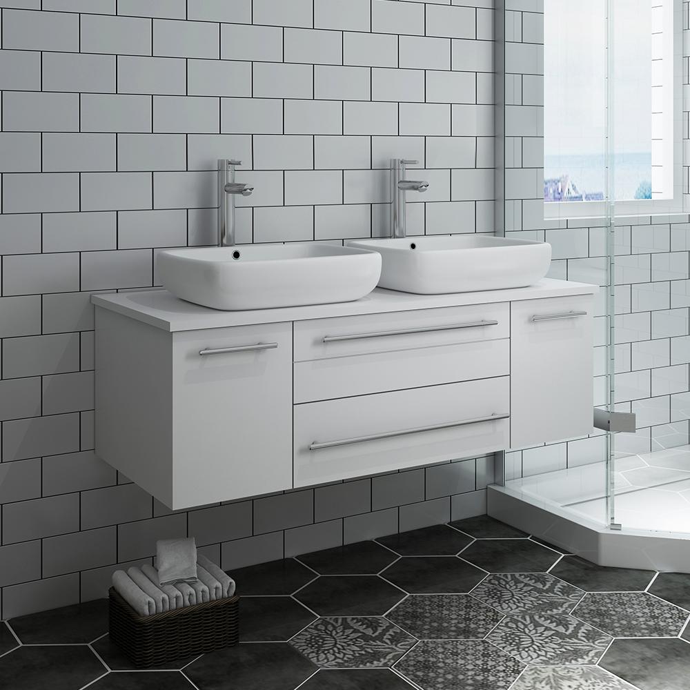 Fresca Lucera 48" Wall Hung Modern Bathroom Cabinet w/ Top & Double Vessel Sinks - Luxe Bathroom Vanities