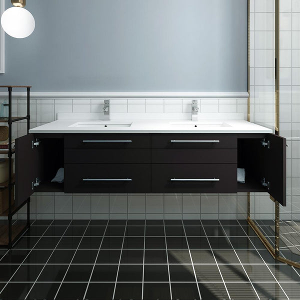 Fresca Lucera 60" Wall Hung Modern Bathroom Cabinet w/ Top & Double Undermount Sinks - Luxe Bathroom Vanities