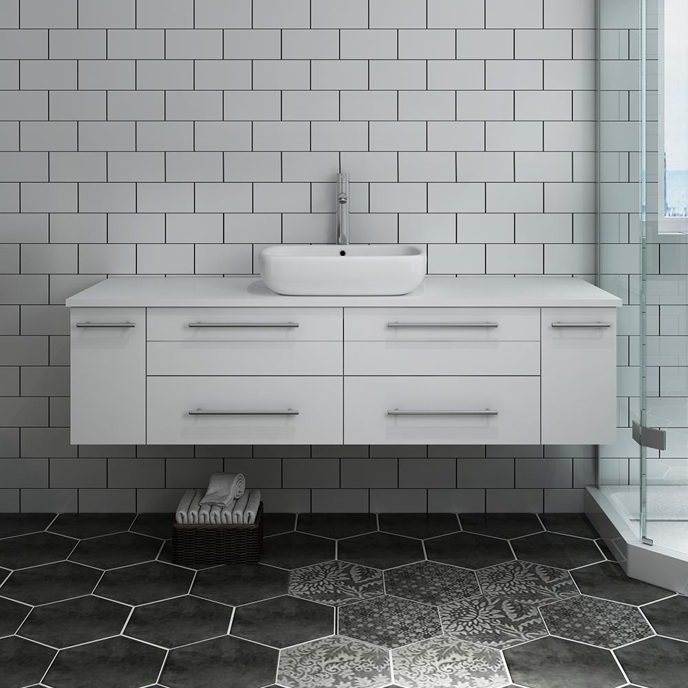 Fresca Lucera 60" Wall Hung Modern Bathroom Cabinet w/ Top & Single Vessel Sink - Luxe Bathroom Vanities