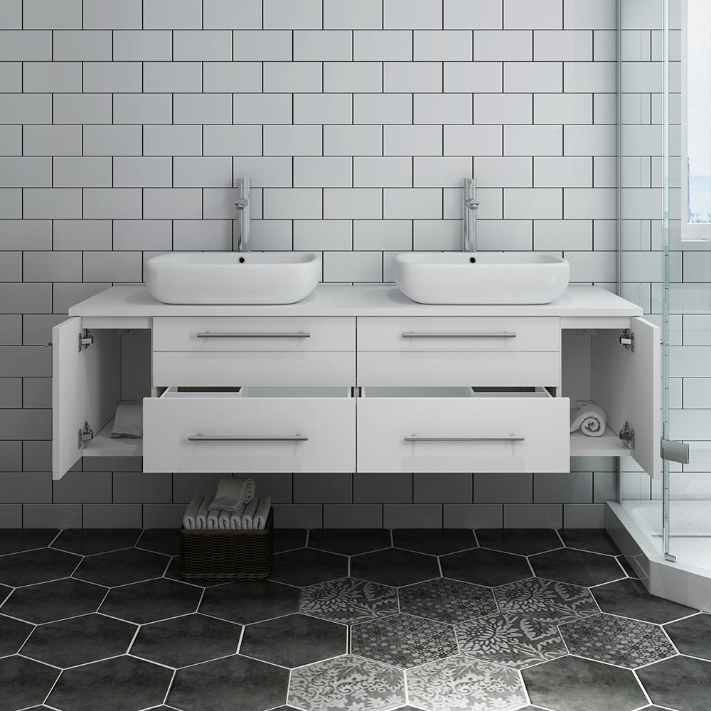 Fresca Lucera 60" Wall Hung Modern Bathroom Cabinet w/ Top & Double Vessel Sinks - Luxe Bathroom Vanities
