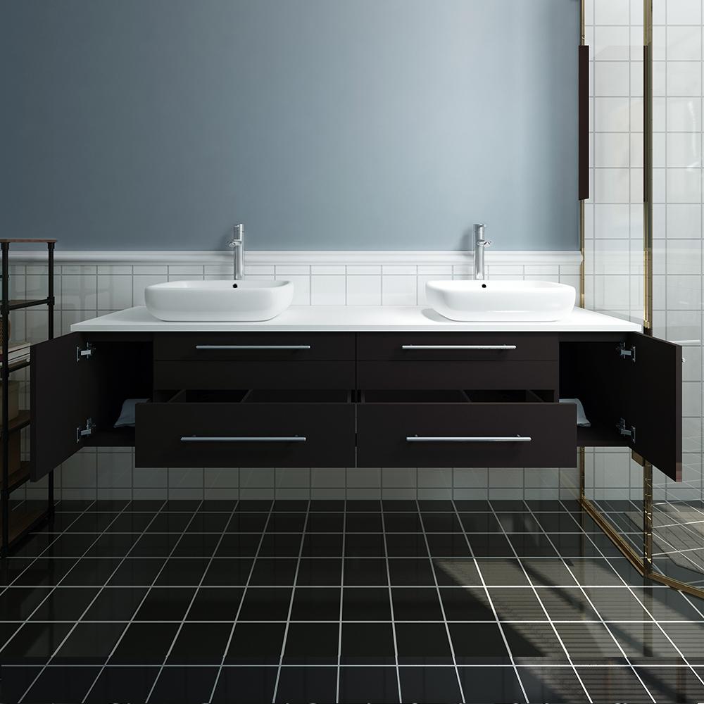 Fresca Lucera 72" Wall Hung Modern Bathroom Cabinet w/ Top & Double Vessel Sinks - Luxe Bathroom Vanities
