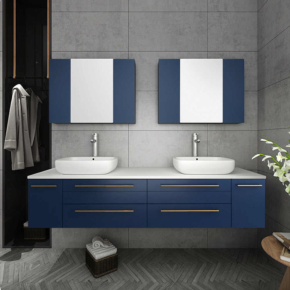 Fresca Lucera 72" Wall Hung Modern Bathroom Cabinet w/ Top & Double Vessel Sinks - Luxe Bathroom Vanities