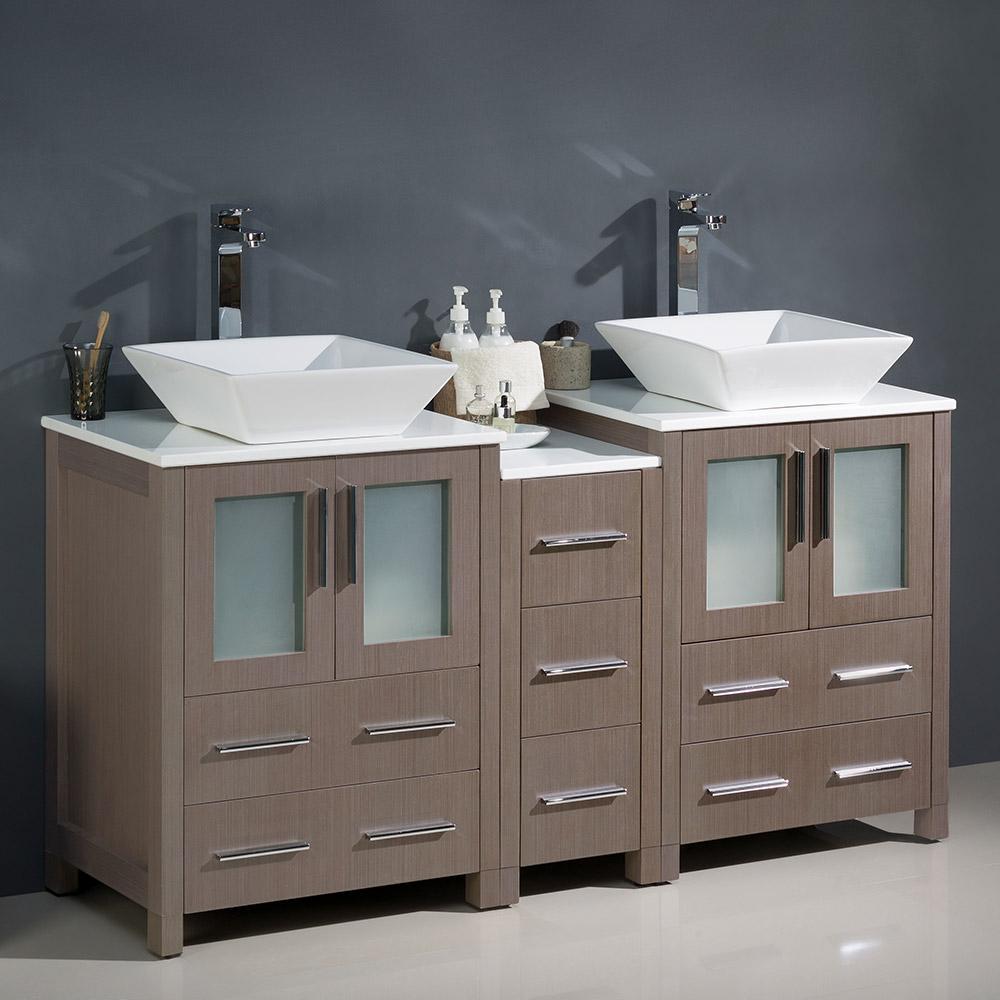 Fresca Torino 60" Modern Double Sink Bathroom Cabinets w/ Tops & Vessel Sinks - Luxe Bathroom Vanities