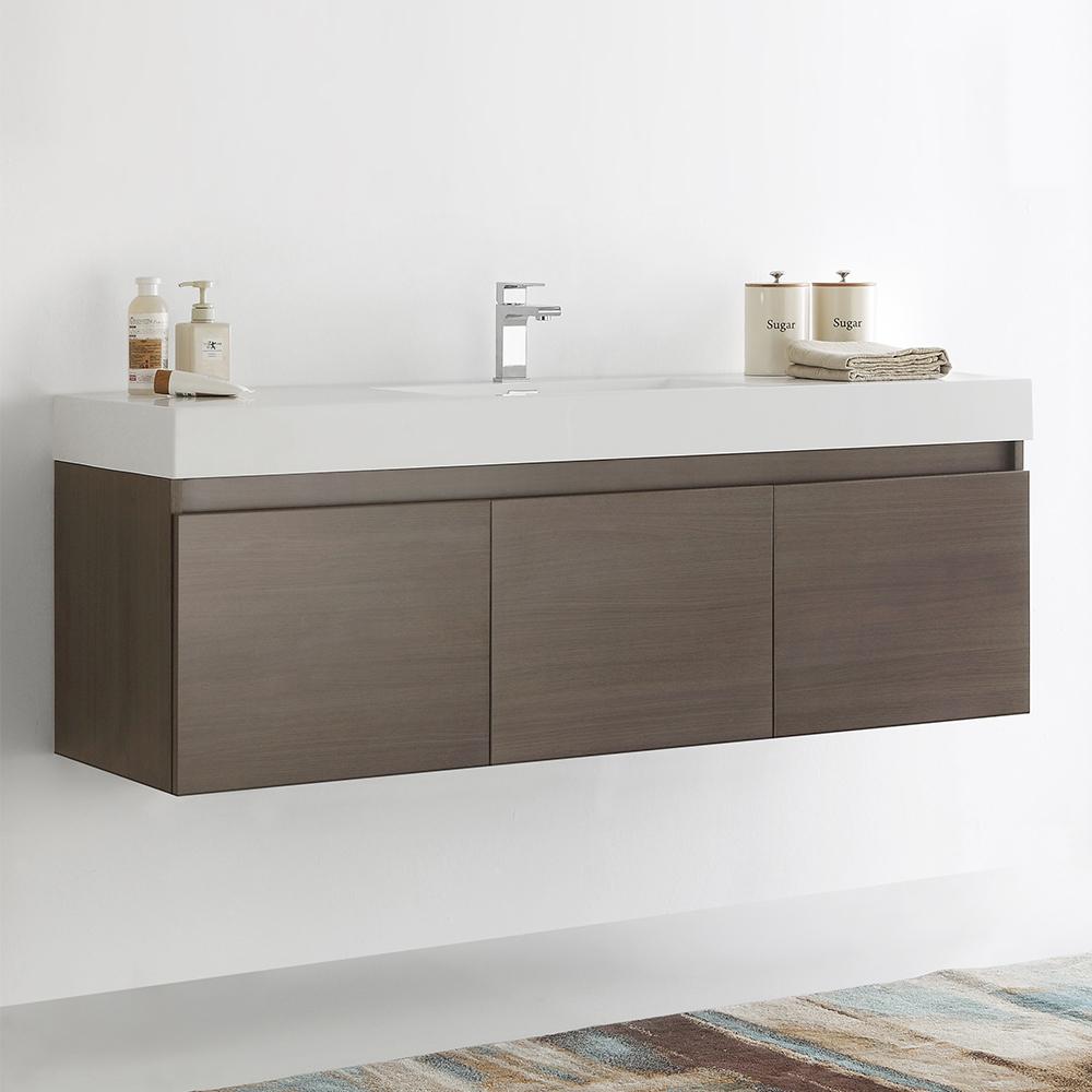 Fresca Mezzo 60" Wall Hung Single Sink Modern Bathroom Cabinet w/ Integrated Sink - Luxe Bathroom Vanities