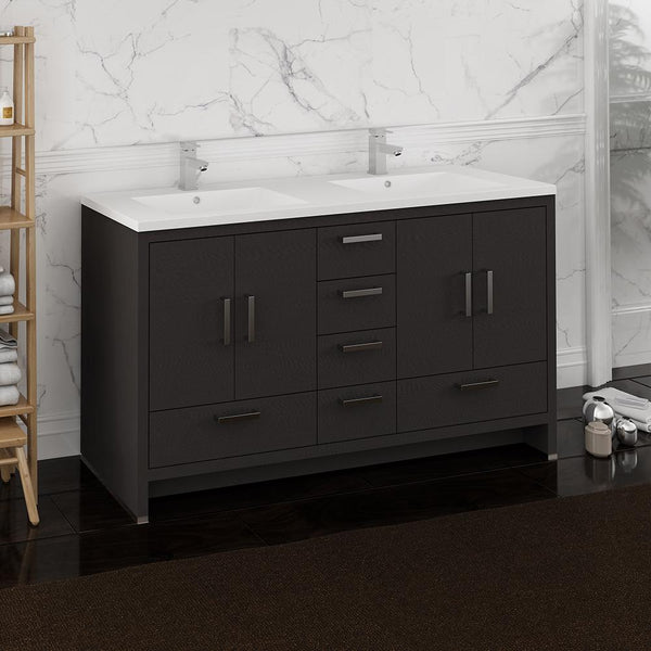 Fresca Imperia 60" Dark Free Standing Modern Bathroom Cabinet w/ Integrated Double Sink - Luxe Bathroom Vanities