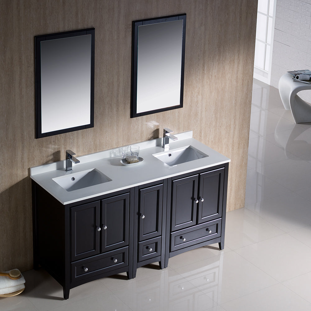 Fresca Oxford 60" Espresso Traditional Double Sink Bathroom Vanity w/ 5 Soft Close Doors - Luxe Bathroom Vanities