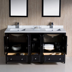 Fresca Oxford 60" Espresso Traditional Double Sink Bathroom Vanity w/ 5 Soft Close Doors - Luxe Bathroom Vanities