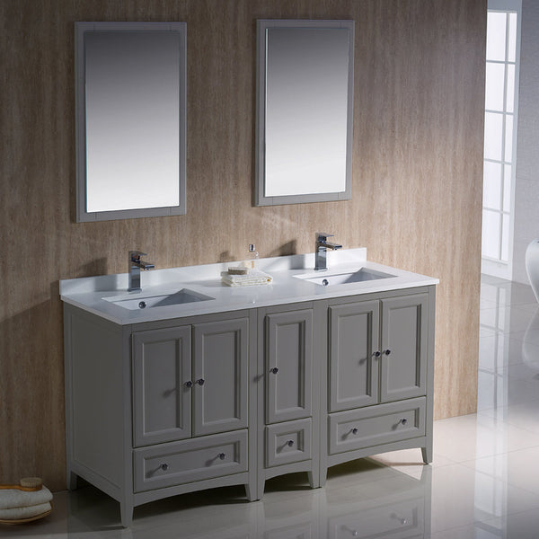 Fresca Oxford 60" Gray Traditional Double Sink Bathroom Vanity w/ 5 Soft Close Doors - Luxe Bathroom Vanities