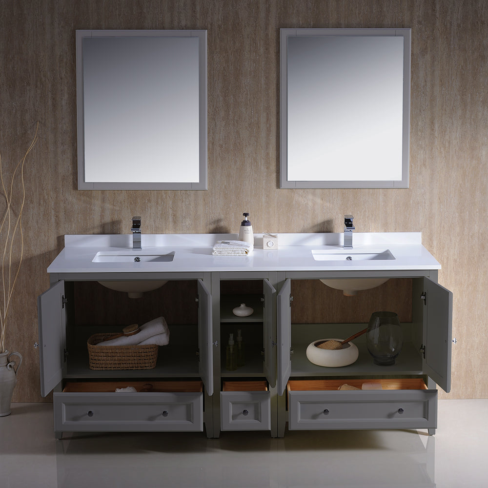 Fresca Oxford 72" Gray Traditional Double Sink Bathroom Vanity w/ 5 Soft Close Doors - Luxe Bathroom Vanities