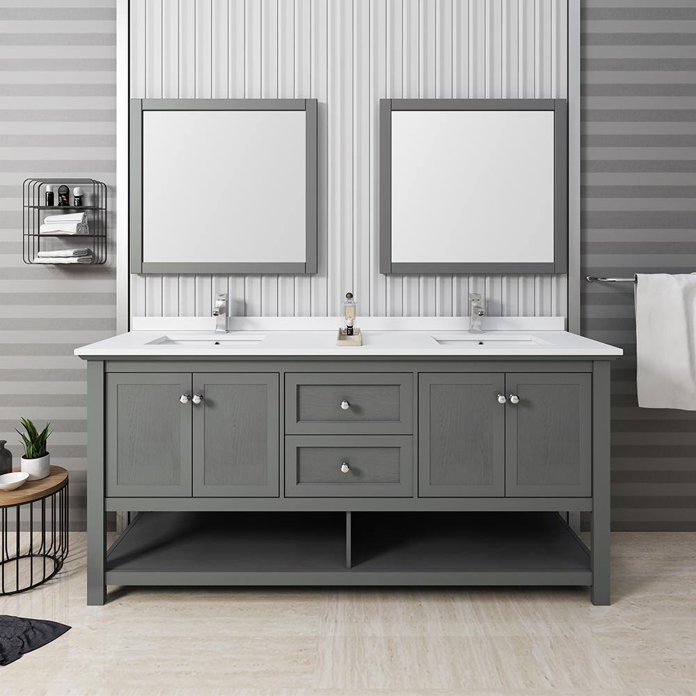 Fresca Manchester Regal 72" Gray Wood Veneer Traditional Double Sink Bathroom Vanity w/ Mirrors - Luxe Bathroom Vanities