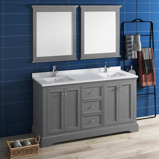 Fresca Windsor 60" Gray Textured Traditional Double Sink Bathroom Vanity w/ Mirrors - Luxe Bathroom Vanities