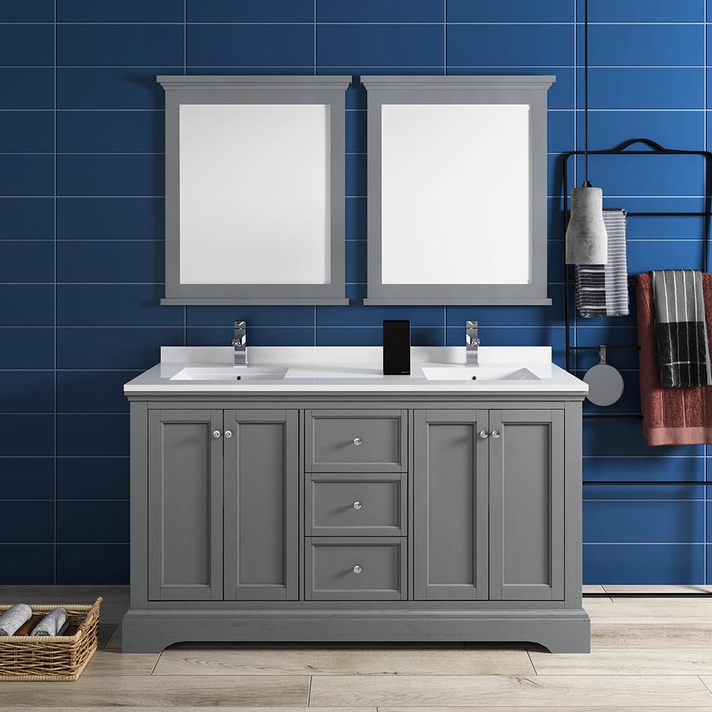 Fresca Windsor 60" Gray Textured Traditional Double Sink Bathroom Vanity w/ Mirrors - Luxe Bathroom Vanities