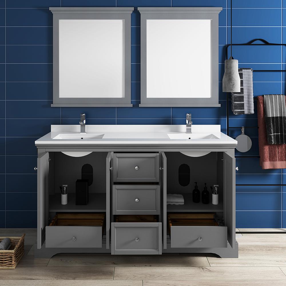 Fresca Windsor 60" Gray Textured Traditional Double Sink Bathroom Vanity w/ Mirrors - Luxe Bathroom Vanities