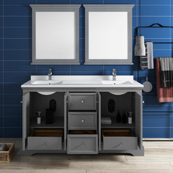 Fresca Windsor 60" Gray Textured Traditional Double Sink Bathroom Vanity w/ Mirrors - Luxe Bathroom Vanities