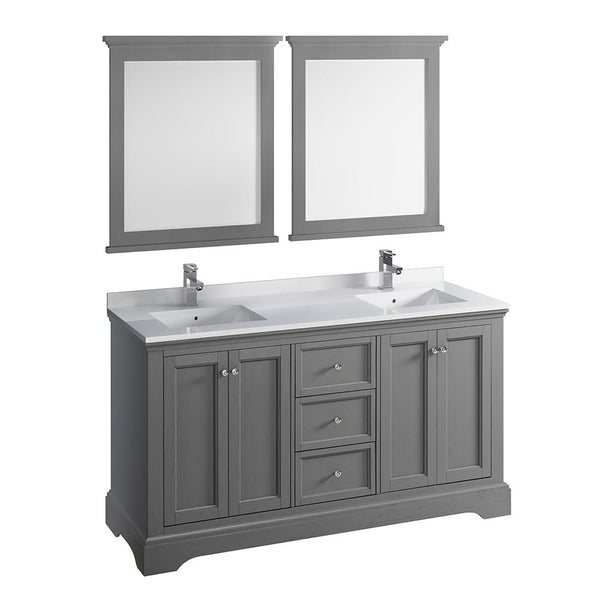 Fresca Windsor 60" Gray Textured Traditional Double Sink Bathroom Vanity w/ Mirrors - Luxe Bathroom Vanities