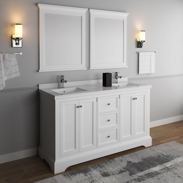 Fresca Windsor 60" Matte White Traditional Double Sink Bathroom Vanity w/ Mirrors - Luxe Bathroom Vanities