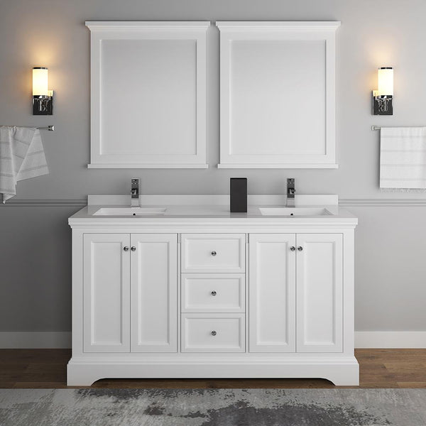 Fresca Windsor 60" Matte White Traditional Double Sink Bathroom Vanity w/ Mirrors - Luxe Bathroom Vanities