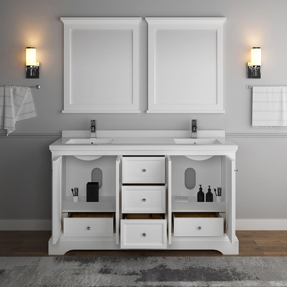 Fresca Windsor 60" Matte White Traditional Double Sink Bathroom Vanity w/ Mirrors - Luxe Bathroom Vanities