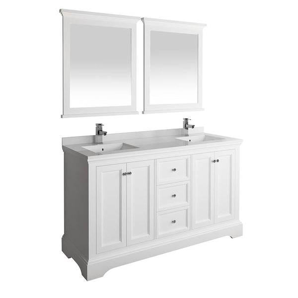 Fresca Windsor 60" Matte White Traditional Double Sink Bathroom Vanity w/ Mirrors - Luxe Bathroom Vanities