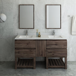 Fresca Formosa 60" Floor Standing Double Sink Modern Bathroom Vanity w/ Open Bottom & Mirrors 4 Drawers - Luxe Bathroom Vanities