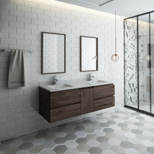 Fresca Formosa 60" Wall Hung Double Sink Modern Bathroom Vanity w/ Mirrors 4 Drawers - Luxe Bathroom Vanities