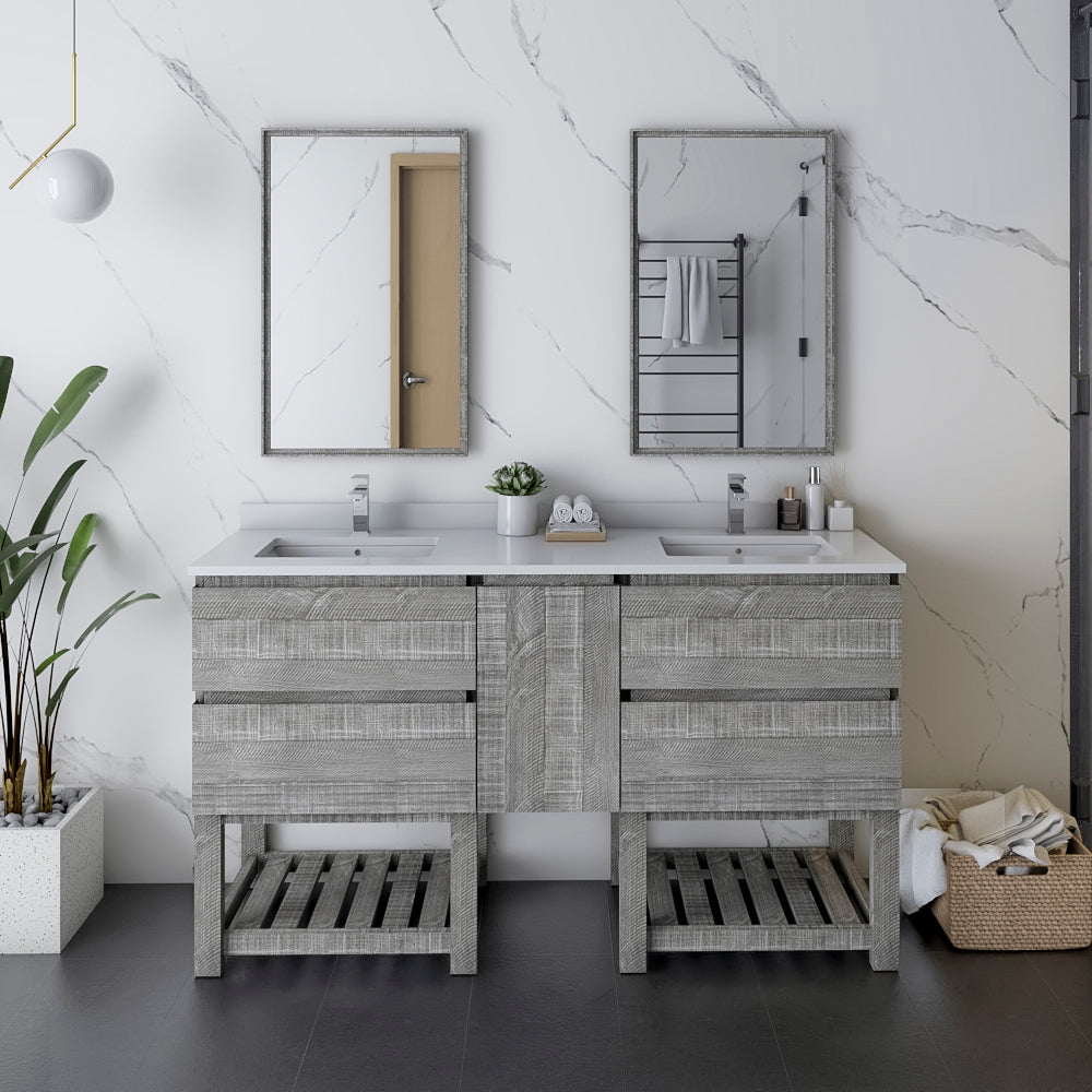Fresca Formosa 60" Floor Standing Double Sink Modern Bathroom Vanity w/ Open Bottom & Mirrors - Luxe Bathroom Vanities