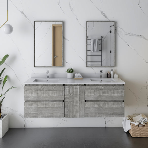 Fresca Formosa 60" Wall Hung Double Sink Modern Bathroom Vanity w/ Mirrors - Luxe Bathroom Vanities