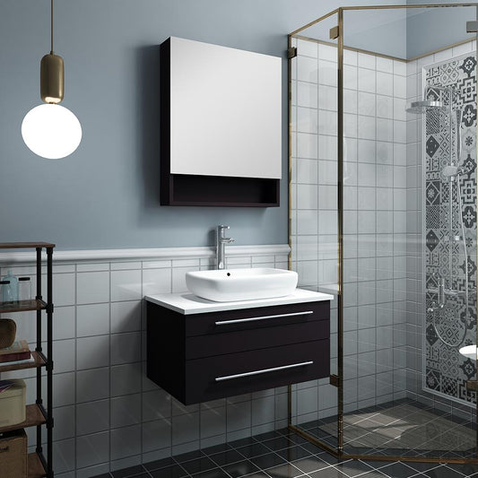 Fresca Lucera 30" Espresso Wall Hung Vessel Sink Modern Bathroom Vanity w/ Medicine Cabinet - Luxe Bathroom Vanities