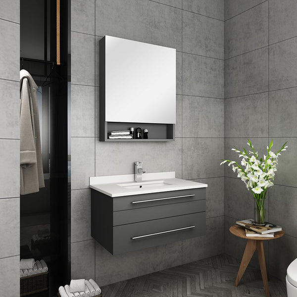 Fresca Lucera 30" Gray Wall Hung Undermount Sink Modern Bathroom Vanity w/ Medicine Cabinet - Luxe Bathroom Vanities