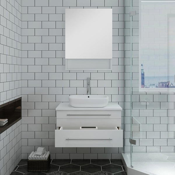 Fresca Lucera 30" White Wall Hung Vessel Sink Modern Bathroom Vanity w/ Medicine Cabinet - Luxe Bathroom Vanities