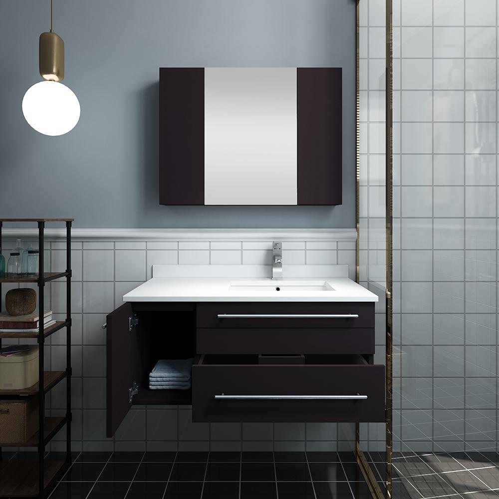 Fresca Lucera 36" Espresso Wall Hung Undermount Sink Modern Bathroom Vanity w/ Medicine Cabinet - Left Version - Luxe Bathroom Vanities
