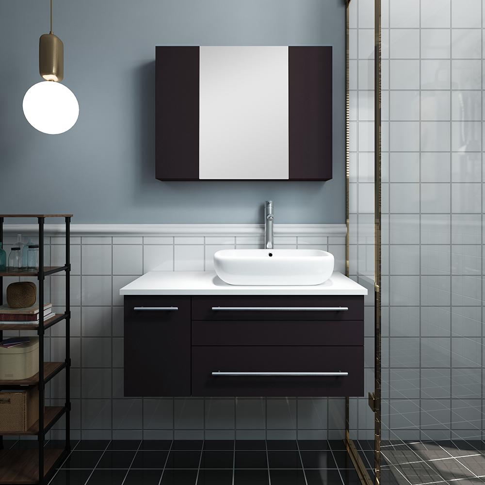 Fresca Lucera 36" Espresso Wall Hung Vessel Sink Modern Bathroom Vanity w/ Medicine Cabinet - Left Version - Luxe Bathroom Vanities