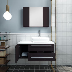 Fresca Lucera 36" Espresso Wall Hung Vessel Sink Modern Bathroom Vanity w/ Medicine Cabinet - Left Version - Luxe Bathroom Vanities