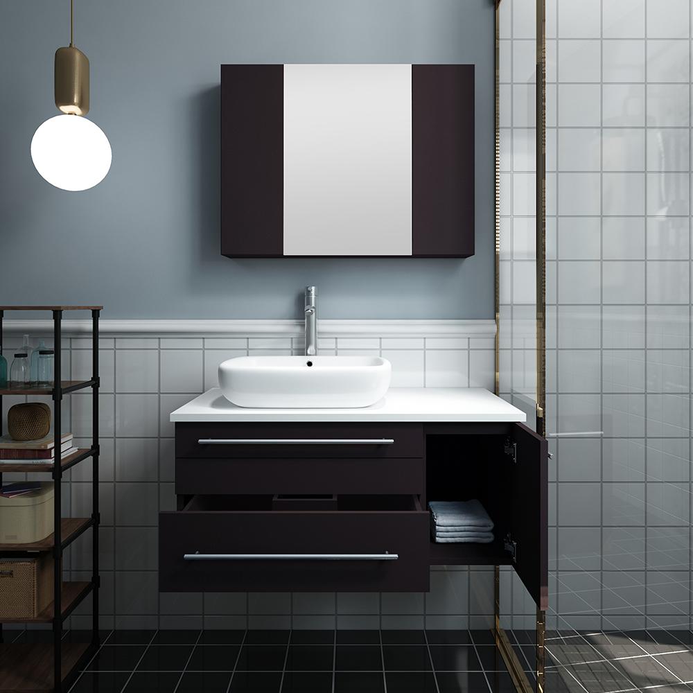 Fresca Lucera 36" Espresso Wall Hung Vessel Sink Modern Bathroom Vanity w/ Medicine Cabinet - Right Version - Luxe Bathroom Vanities