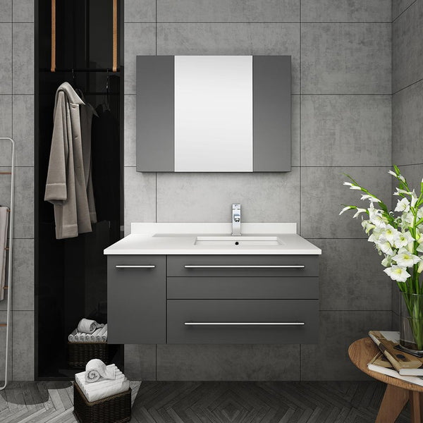 Fresca Lucera 36" Gray Wall Hung Undermount Sink Modern Bathroom Vanity w/ Medicine Cabinet - Left Version - Luxe Bathroom Vanities