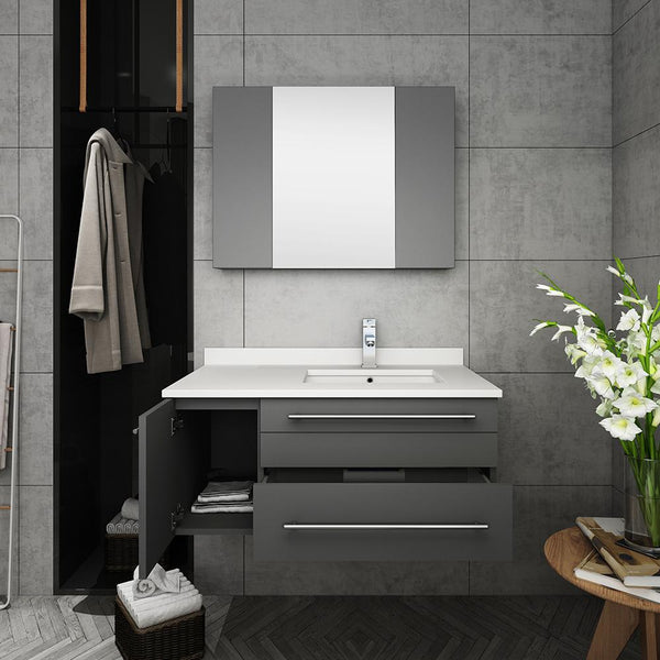 Fresca Lucera 36" Gray Wall Hung Undermount Sink Modern Bathroom Vanity w/ Medicine Cabinet - Left Version - Luxe Bathroom Vanities