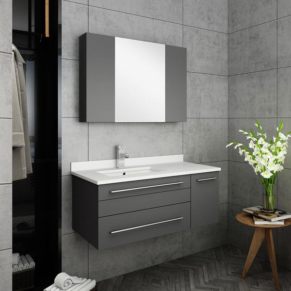 Fresca Lucera 36" Gray Wall Hung Undermount Sink Modern Bathroom Vanity w/ Medicine Cabinet - Right Version - Luxe Bathroom Vanities