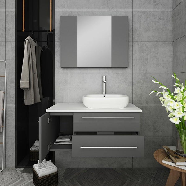 Fresca Lucera 36" Gray Wall Hung Vessel Sink Modern Bathroom Vanity w/ Medicine Cabinet - Left Version - Luxe Bathroom Vanities