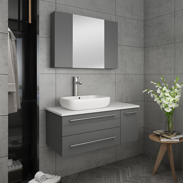 Fresca Lucera 36" Gray Wall Hung Vessel Sink Modern Bathroom Vanity w/ Medicine Cabinet - Right Version - Luxe Bathroom Vanities