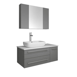Fresca Lucera 36" Gray Wall Hung Vessel Sink Modern Bathroom Vanity w/ Medicine Cabinet - Right Version - Luxe Bathroom Vanities